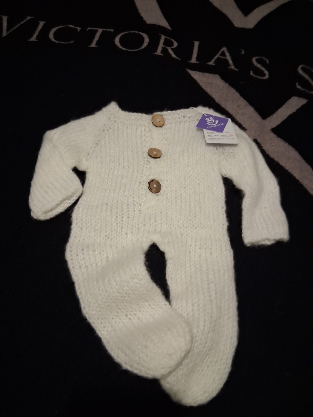 Newborn Photo Prop White Hand-Knit Baby One-Piece with Buttons
